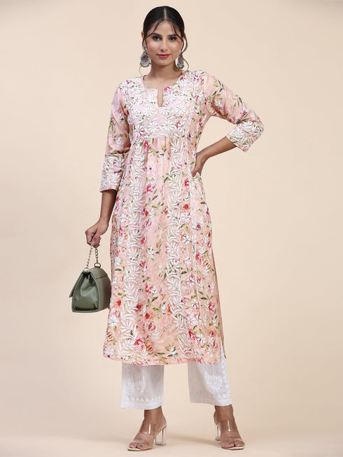 Farheen in Chikankari Long Kurta in Muslin Cotton for Women- Pink Print
